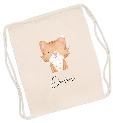 wunderwunsch Turnbeutel personalisiert, Sportbeutel Kinder, Personalisierte Sporttasche Kindergartenkind, Schulranzen Name, Kiga Beutel individualisiert mit deinem Namen (Katze)