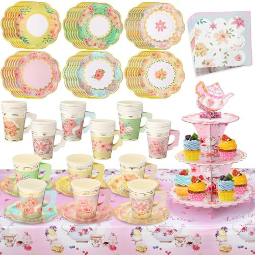 Yungyan 110 Pcs Tea Party Supplies Floral Party Dinnerware 36 Set Include 3 Tier Floral Cake Stand 6 Paper Dessert Plates 9 oz Paper Tea Cups with Handle Napkins Tablecloth for Spring Birthday