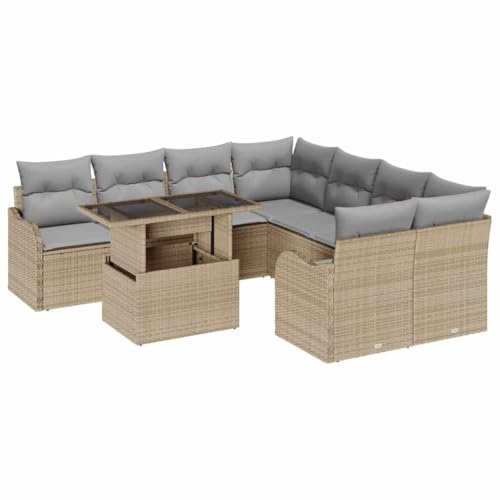 vidaXL 9-teiliges Garten-Sofa-Set mit Kissen in Beige und Grau aus Poly Rattan für den Außenbereich. Stylisches Fünfsitzer-Sofa für die Terrasse, ideal zum Entspannen.