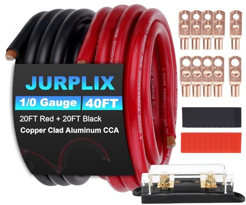 0 Gauge Wire 1/0 Battery Cable (20FT Red+20FT Black), Copper Clad Aluminum CCA Amp Wiring Kit with 250A ANL Fuse Holder, Lugs Terminal Connector & Heat Shrink Tube, for Car Audio Speaker, Marine, Auto