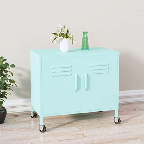 HETFTJN Metall Aufbewahrungsschrank Minzgrün 60x35x56 cm Stahlschrank mit Rollen und verstellbarem Einlegeboden für Büro Wohnzimmer und Garten