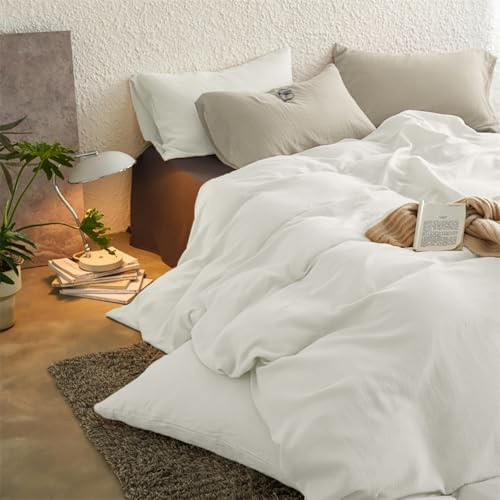 Covebett Doppelte Musselin Bettwäsche 135x200 Weiß Uni 100% Baumwolle Bettbezug Set 2 Teilig Aesthetic Weiche Atmungsaktiv Bettwäsche-Sets mit Reißverschluss und 1 Kissenbezüge 80x80 cm