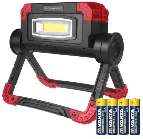 Lampe de travail LED COB Maclean MCE439 300 lm 3 modes lumière froide 6500K design pliant portable atelier garage camping IP44 + 4 piles AA Industrial incluses