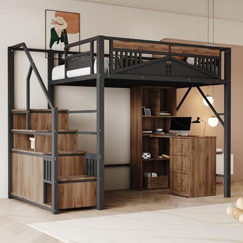 TOBIDOEN Metall Hochbett 140x200 cm, Einzigartiges Sicherheitsgitter mit Fenster, Bett mit Stauraumtreppe und Stauraumschränken für Kinder und Erwachsene, Viel Platz Darunter, Schwarz