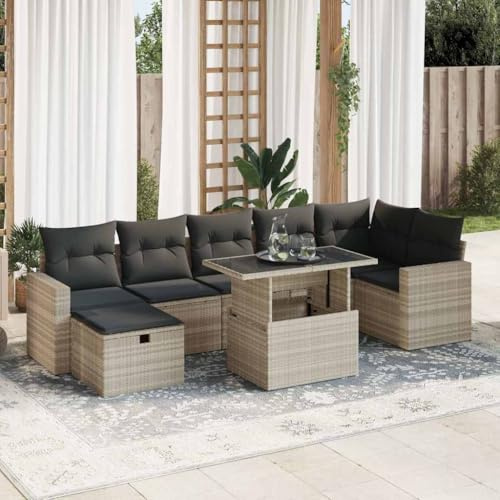 QJBSAVVA 8-TLG. Poly-Rattan Gartengarnitur Hellgrau mit Stauraum und Sitzkissen 62x62x69 cm modular für Balkon Terrasse oder Gartenlounge