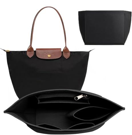 : GaoBangM Bag Insert Organizer for Longchamp,7 Pocket Felt Purse Organiser | Multi-Compartment Handbag Liner with Zipper, Folding Tote Insert, for Women Secure Fit Scratch-Proof Protection, Black