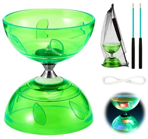 Jonuin LED Diabolo mit Kugellager, 4,5mm, Diabolo Freiläufer mit kugellager Dreifache Lagerung Set, Diablo Jonglierspielzeug Set für Erwachsene, Anfänger und Profis (Grün)