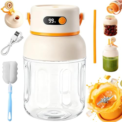 Portable Electric Juicer Cup with Zero Cord Hassle, 33oz BPA-Free Portable Wireless Juicer Cup with Straw and Two Lids, Multifunctional fresh Juice Portable Blender for Smoothies, Fruit (Orange)