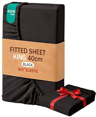 MOHAP King Size Fitted Sheet Black with Extra Deep 16 inch 40 cm Pocket Bed Sheet Only Bedsheet Brushed Microfiber Bottom Sheet for King Bed 150x200 Black