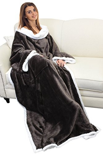 Catalonia Classy Flauschig Kuscheldecke mit Ärmeln Warm Weihnachten Geschenk für Frauen Herren, Flauschige Sherpa Tragbare Decke mit Ärmeln, Wohndecke zum Anziehen Erwachsene, 185 x 140 cm Braun
