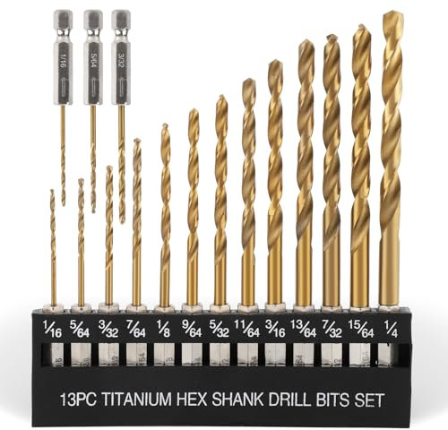 COMOWARE Titanium Twist Drill Bit Set - 16 Pcs Hex Shank High Speed Steel for Wood Plastic Aluminum Alloy, Quick Change, 1/16-1/4