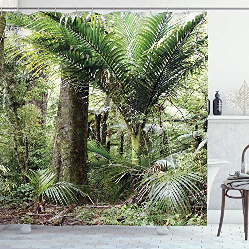 ABAKUHAUS Wald Duschvorhang, Laub Jungle Entwurf, Stoffliches Gewebe Badezimmerdekorationsset mit Haken, 175 x 240 cm, Grün Braun