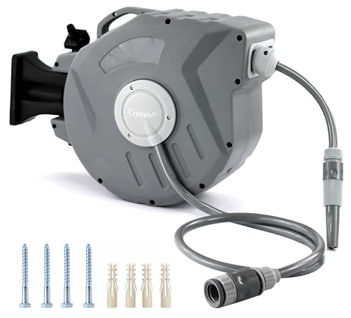Wall Mounted Retractable Auto Rewind Garden Water Hose Reel Watering Spray Tool by Crystals (15 Meter)