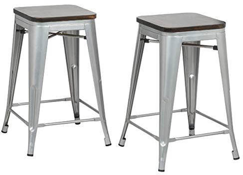 Carolina Chair & Table Cormac 61 cm quadratischer Thekenhocker, 2 Stück, Silber/Ulme Hocker, Metall Holz