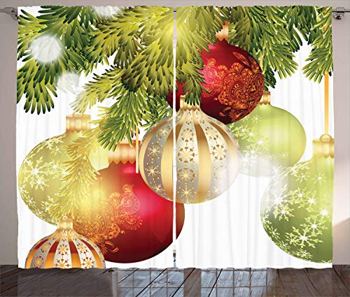 ABAKUHAUS Weihnachten Rustikaler Gardine, Flitter Motive Yuletide, Schlafzimmer Kräuselband Vorhang mit Schlaufen und Haken, 280 x 225 cm, Hellgrün Rot