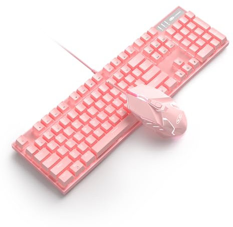 Pink Mechanical Gaming Keyboard and Mouse Combo Blue Switch 104 Keys White Backlit Keyboards, 7 Button Mouse Wired for Windows, Computer, Desktop, PC, Notebook, Laptop(Pink)