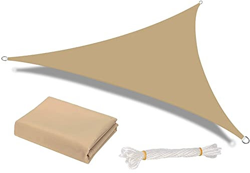 HEYOMART Sonnensegel Dreieck 5 x 5 x 5m Wasserdicht Sonnenschutz inkl Befestigungsseile PES Polyester mit UV Schutz für Garten Terrasse Camping, Sand