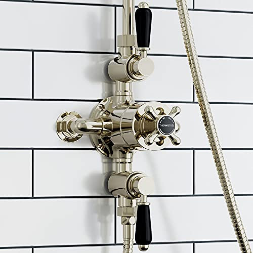 ENKI Downton T89 Double Shower Unit with Triple Thermostatic Valve - Gold & Black Shower Tap Attachment for Bathroom