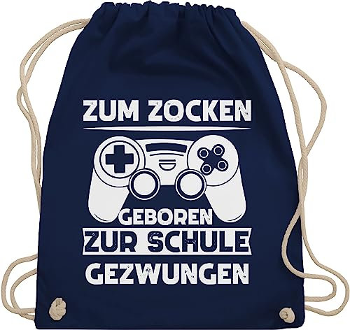 Turnbeutel Rucksack - Nerd Geschenke - Zum zocken geboren Schule gezwungen - Unisize - Navy Blau - zocker gamer zock juterucksäcke für geek game turnsack jungen nerds gaming gymsack geeks geming