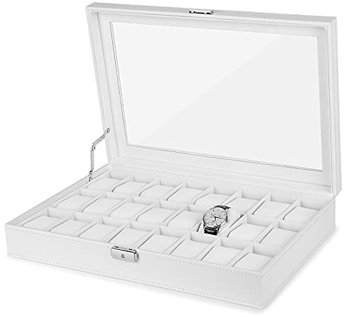 JS NOVA JUNS Uhrenbox, 24 Fächer, Leder-Uhrengehäuse mit großem Acryldeckel, Uhrenbox-Organizer für Herren, Weiß