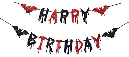 Topfunyy Happy Birthday Halloween Banner Black Red Glitter Bat Scary Horror Bloody Banner for Halloween Zombie Vampire Birthday Party Decorations Supplies