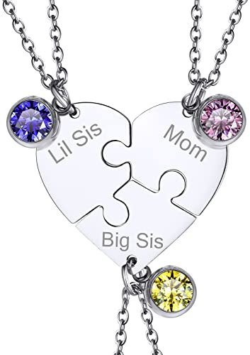 GoldChic Jewelry Stainless Steel 3 pcs Heart Puzzle Necklaces for Mum with Birthstone, Stainless Steel Matching Heart Set For Best Friends