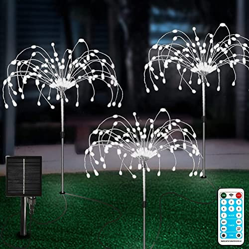 Solarleuchten Außen 3 Stück Solar Feuerwerk Gartenlichter Solarlampe mit Fernbedienung 8 Modi 120 LEDs Wasserdicht Außenleuchte Gartenlichter Rasen Hinterhof Blumenkästen Terrasse Gehweg Kaltweiß
