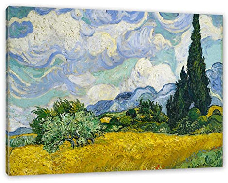 Pixxprint Vincent Van Gogh - Weizenfeld mit Zypressen, Größe: 120x80cm, Leinwandbild, fertig gespannt, Wandbild, Dekoration, Kunstdruck, kein Poster