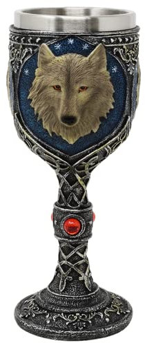 Kelch Wolf - detailliert verarbeiteter, dekorativer, handbemalter, mittelalterlicher Kelch mit weissem Wolfskopf - Material: Polyresin