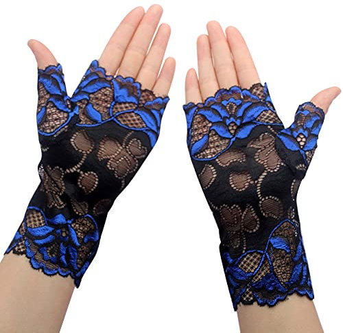 Asudaro Spitzenhandschuhe Damen, Frauen Spitze Fingerlose Handschuhe Half Finger Braut Handschuhe Florale Spitzenhandschuhe Brauttanzhandschuhe für Hochzeitsfeier Kostümzubehör,Blau