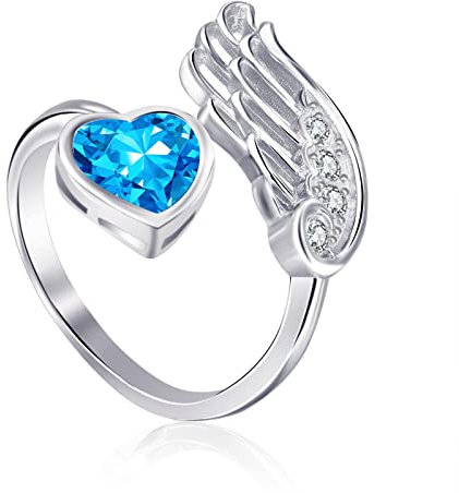 Qings Tansanit Dezember Geburtsstein Topas Ringe Sterling Silber Damen Verstellbarer Birthstone Flügel Feder Topas Herz Zirkonia Verlobungsring Eheringe Geburtsstein Schmuck für Frau Freundin