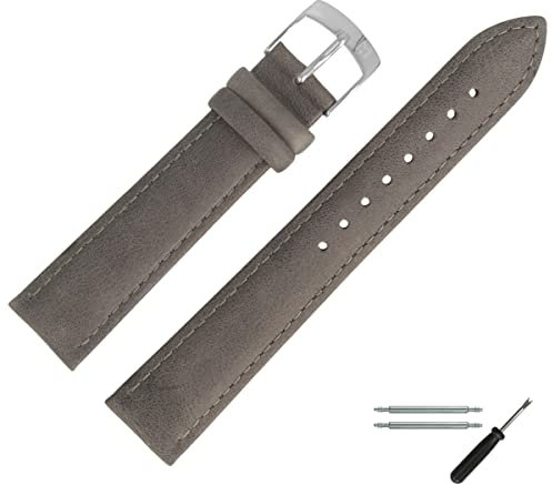 MARBURGER Uhrenarmband 20mm Leder Grau Silber Mit Naht - Montage Set 7712016000120