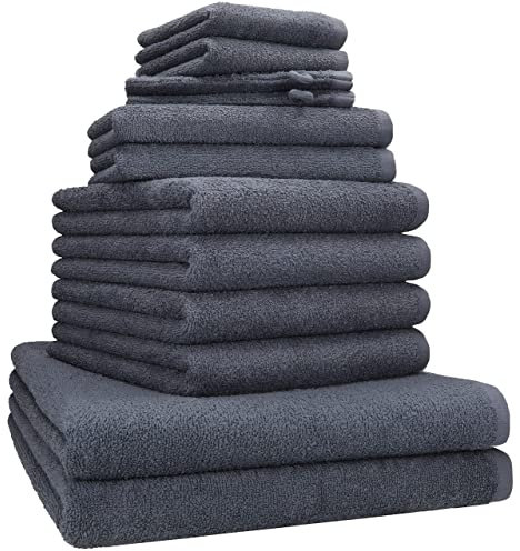 Betz 12 TLG. Handtuch Set Berlin 100% Baumwolle Liegetücher, Handtücher, Gästetücher, Seiftücher und Waschhandschuhe Farbe dunkelgrau
