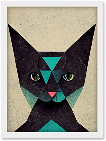 Doppelganger33 LTD Geometric Black Cat Teal Fun Quirky Artwork Framed Wall Art Print A4