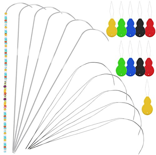 5 Stück 10,2 cm große gebogene Perlennadeln + 6 Stück 19,1 cm gebogene Perlen-Spinner-Nadeln + 10 Stück bunte Kunststoff-Nadeleinfädler, Edelstahl-Nähnadel-Werkzeug, zur Herstellung von Perlenschmuck