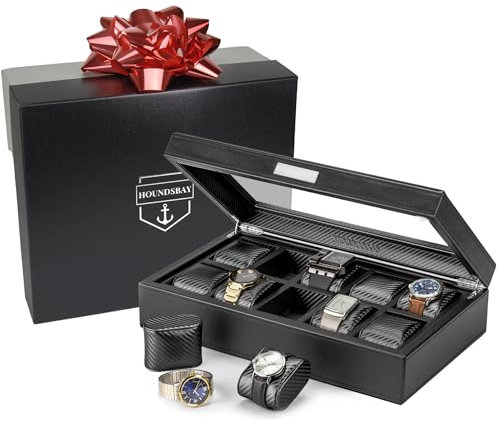 HOUNDSBAY Mariner Uhrenbox für große Uhren, PU-Leder-Uhren-Organizer, schwarze Karbonfaser-Uhrenbox für Herren