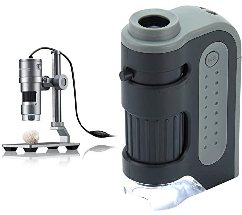 Bresser Digitales Mikroskop mit LED Ringlicht, Auflichtmikroskop DST-1028 mit USB Anschluss für PCS, 5,1MP & Carson MicroBrite Plus 60x-120x LED Taschenmikroskop mit asphärischem Linsensystem (MM-300)
