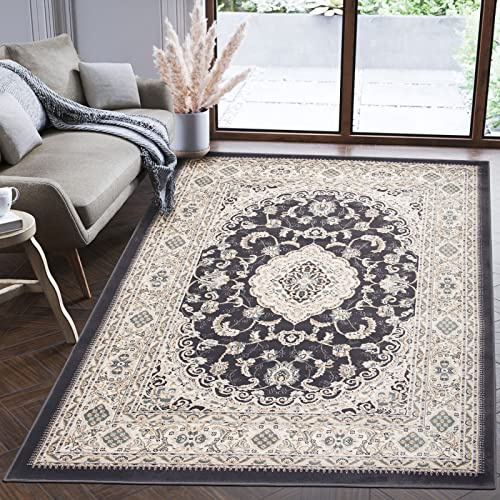 Mazovia Groß Teppich Flur 200x300cm Schwarz Anthrazit Klassisch Weich | Teppich für Eingangsbereich Küche Büro Wohnzimmer Schlafzimmer Traditionell Pflegeleicht Fußbodenheizungsgeeignet Kurzflor