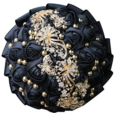 WIFELAI-A Goldene Strass-Brosche für Hochzeit, Blumen, Brautsträuße, Kristall, Brautstrauß, weiß, elfenbeinfarben, Satin-Rosen mit Diamant