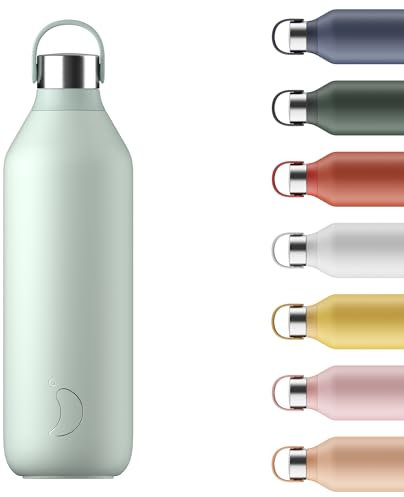 Chilly's Series 2 Water Bottle - Stainless Steel Thermal Bottles with Double Wall Vacuum, Soft Collar & Carry Loop - Lichen Green, 1000ml