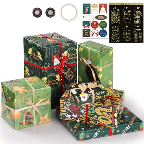 Bigqin Geschenkpapier Geburtstag, 6 Blätter 50 x 70 cm Geschenkpapier Weihnachten Grün Gold Geschenkverpackung Set mit Band Aufkleber Doppelseitigem Klebeband
