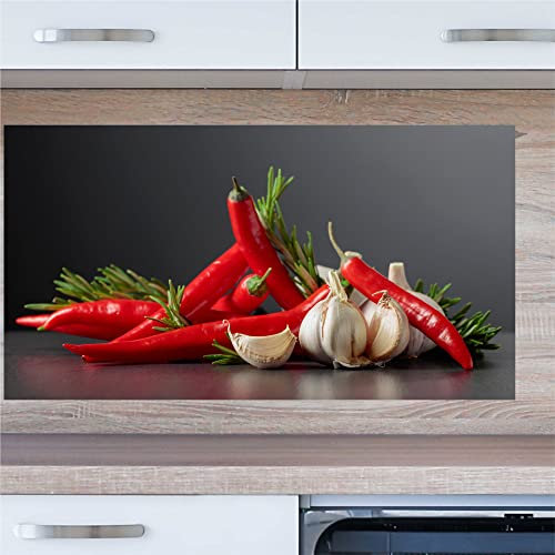 INDIGOS UG Küchenrückwand - Chili mit Knoblauch - 100x50 cm ESG Echtglas Bedruckt - mit Bild - Motiv - Küche - Rückwand - Glasplatte - Spritzschutz - Herd - Ofen