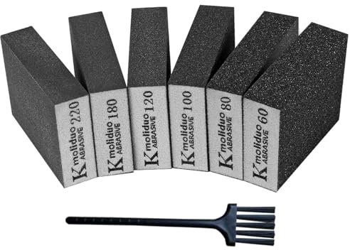 MUNSKT 6PCS Sanding Sponges with Brush, 60/80/100/120/180/220 Grits Coarse/Medium/Fine/Superfine Wet and Dry Dual-use Abrasive Pads, Washable Reusable Sandpaper Blocks for Wood Metal Wall Polishing