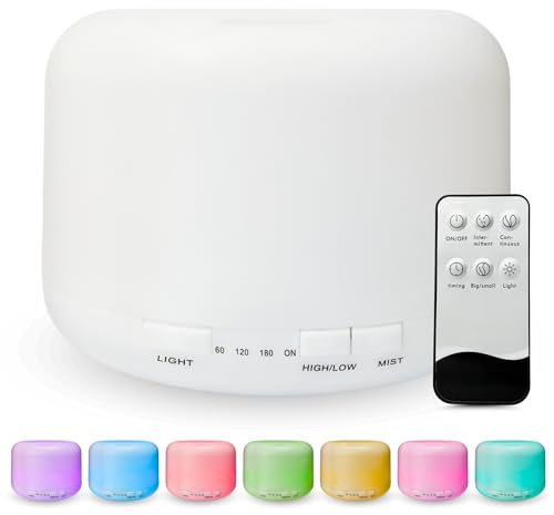 RISSLI Humidificateur d'huiles essentielles, diffuseur d'arômes, diffuseur d'aromathérapie, diffuseur d'huiles essentielles, avec lumière LED de 7 couleurs et minuteur, télécommande pour maison, yoga,