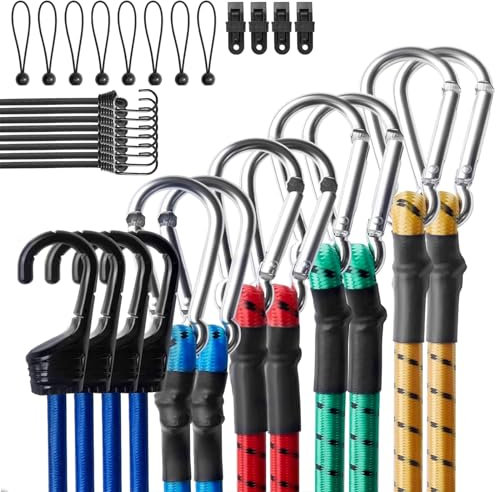 Eyourlife Bungee Cords with Hooks 32PCS Bungee Straps Set Include Elastic Straps with Hooks of Various Sizes, 4 Tarp Clips, 8 Elastic Rope with Balls for Securing Furniture/Luggage/Camper Van