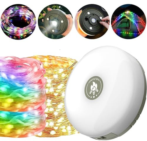 Wasserdichte Tragbare Verstaubare Lichterkette für den Außenbereich, Tragbare 2-in-1-Camping-Lichterkette mit 5 Beleuchtungsmodi, USB-Aufladung für Camping, Hof 10m(warmes Licht + farbiges Licht)