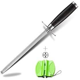 Fusil à Aiguiser Professionnel de Qualité Supérieure 34cm+Aiguiseur de poche Offert- Acier Inoxydable-Manche bois ergonomique et design-couteau japonais,chef Idéal pour cadeau-pêcheur-chasseur