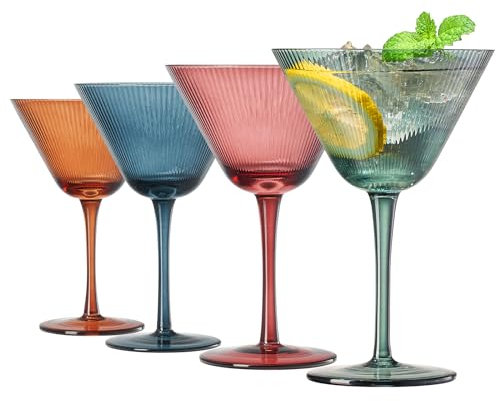 Crystal Ripple Martini Glasses | Set of 4 | 10 OZ Colored Ribbed Cocktail Glassware, Pastel Vintage Design - Premium Strong Lead-Free Muted Color for Bar, Martini, Cosmopolitan, Espresso Barware Gifts