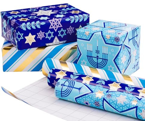 RUSPEPA Chanukka-Geschenkpapierrolle mit metallischem Folienglanz – blaue Menora, Davidstern und Streifen – 43,2 cm x 3 m pro Rolle, insgesamt 3 Rollen