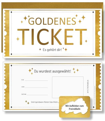 Frank Paperman® | 3x Set Goldenes Ticket Gutschein mit Umschlag & Rubbelaufkleber | personalisierte Geschenke | Rubbelkarten zum selber beschriften | Gutschein zum selber ausfüllen mit Rubbelaufkleber